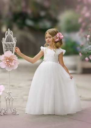 White Tulle Corset Back Floor Length Flower Girl Dress